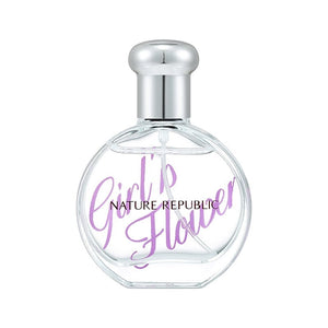 Clear perfume bottle with 'Girl's Flower' and 'Nature Republic' text on a white background