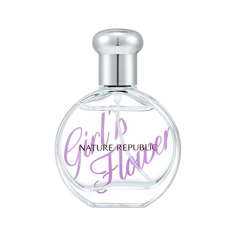 Clear perfume bottle with 'Girl's Flower' and 'Nature Republic' text on a white background